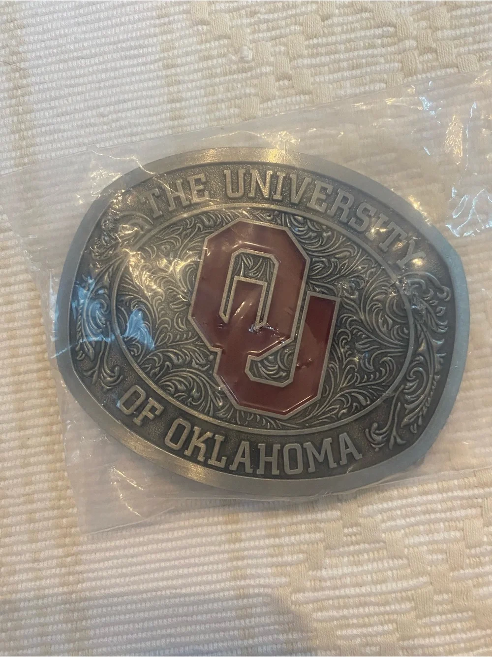 University of Oklahoma Oval Belt Buckle with Crimson OU Logo